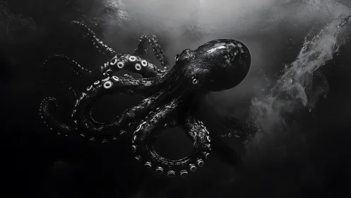 Rendered octopus extends tentacles within dark underwater space