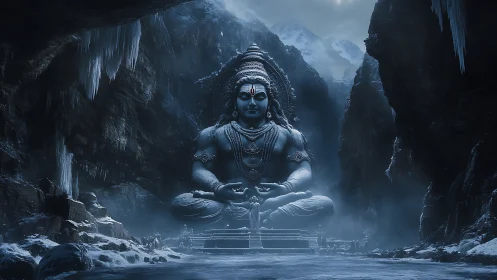 Large Shiva statue sits in icy mountain cavern at night