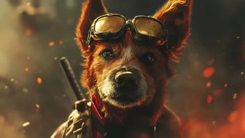 Heroic combat dog wearing goggles stands amid glowing embers