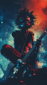 Neon backlit cartoon guitarist in dynamic blue red stage haze