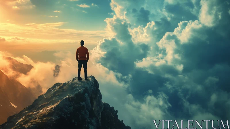 Solitary hiker surveys cloud-swept summit in cinematic backlight