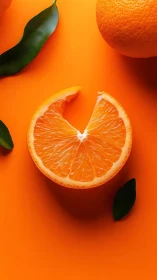 Sliced orange half with bite missing on vivid orange backdrop