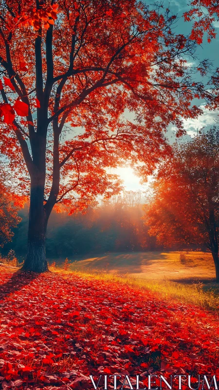 Sunlit autumn tree over bright red leaf meadow at dusk.
