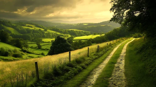 Sunlit country lane cuts through rolling green hills at dusk.