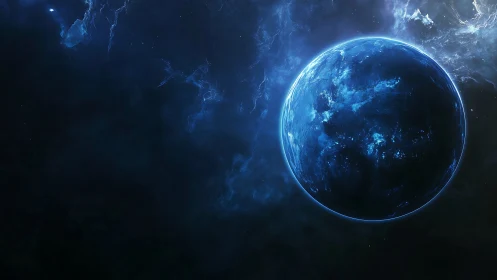 Blue exoplanet glows against deep cosmic nebula field.