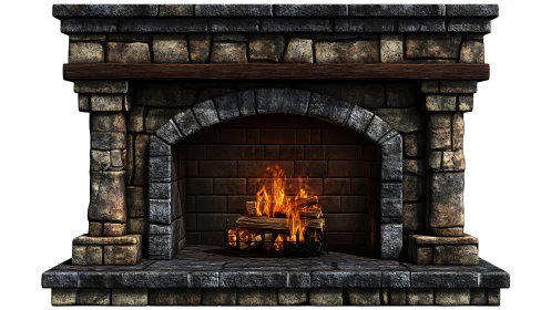 Architectural Stone Fireplace with Blazing Logs and Luminous Flames
