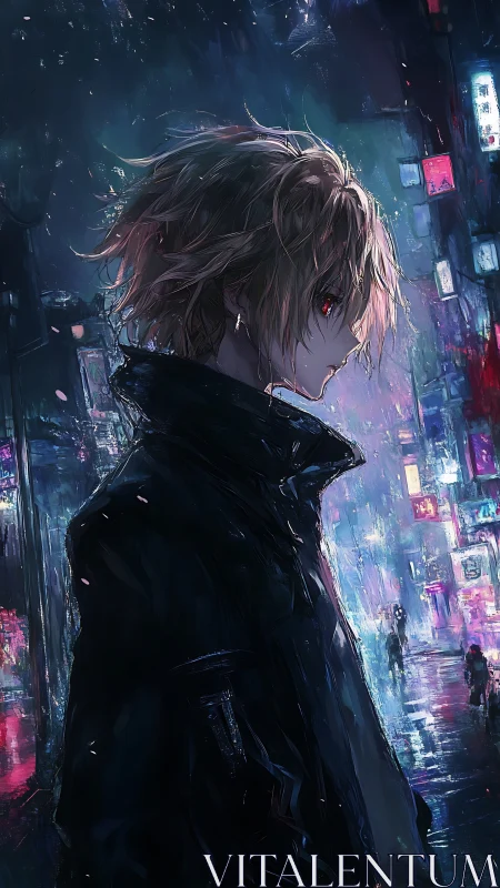 Cyberpunk portrait in neon-soaked alley, side-profile rendering.