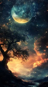 Lone silhouetted tree beneath luminescent crescent moon sky