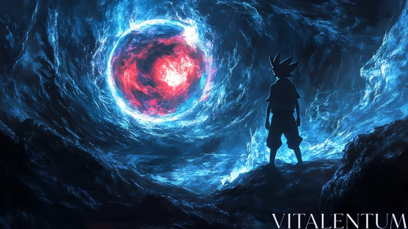 Stargazing kid facing a swirling cosmic energy storm.