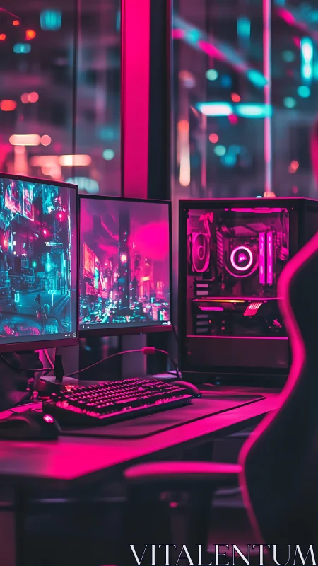 Neon gamer’s corner glowing with cozy cybercity light.