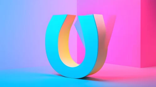 Large 3D Blue U Shape in Vibrant Neon Gradient Room.