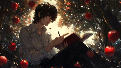 Solitary writer sketches thoughts beneath glowing apple boughs.