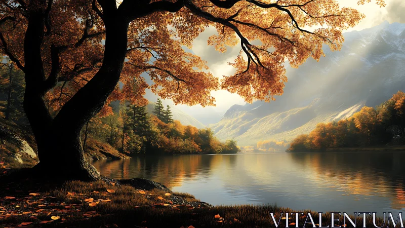 Large tree overlooks still mountain lake under angled sunlight