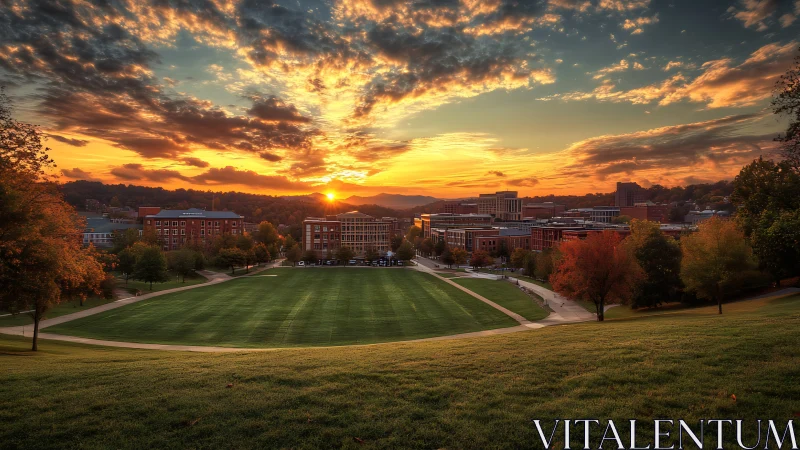 Sunlit collegiate quad overlooking cityscape at vivid sunset.