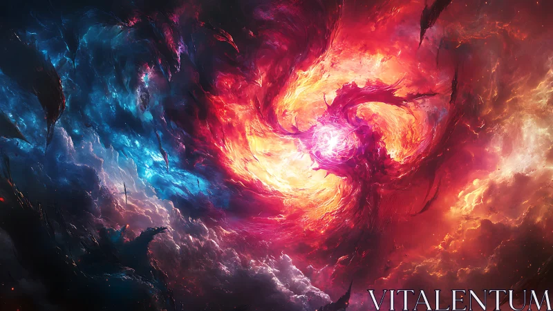 Cosmic nebula vortex ignites swirling red and blue storm.