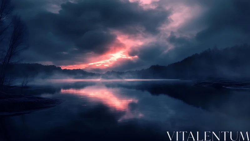 Foggy lake landscape under dense clouds at sunset period.
