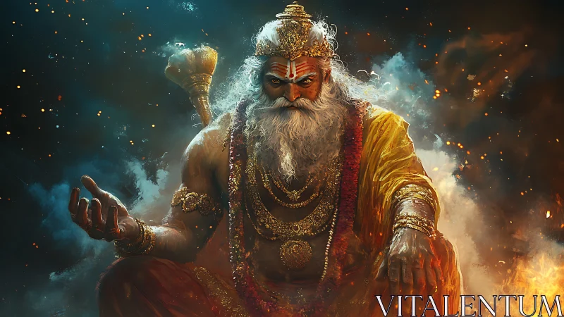 Fiery sage deity in ornate armor seated amid smoke and embers