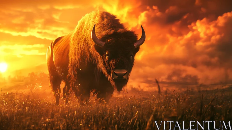 Backlit bison under volumetric sunset cloud dynamics.