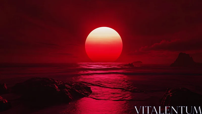 Glowing crimson sun setting over a quiet, dreamlike sea.