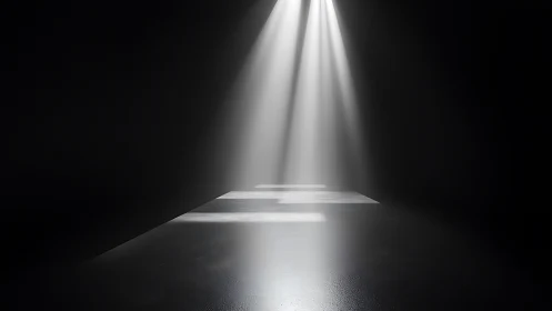 Spotlight beams illuminate a reflective floor in dark space