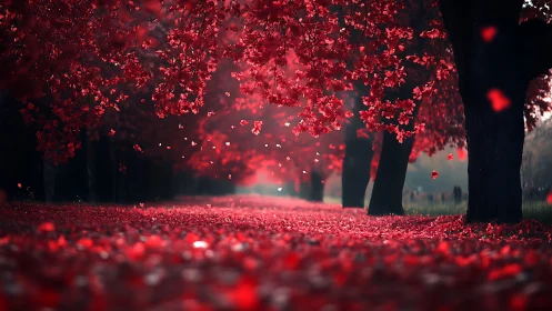 Red foliage trees form aligned corridor over leaf‑covered path