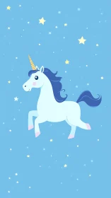 Stylized unicorn illustration is centered on blue star field