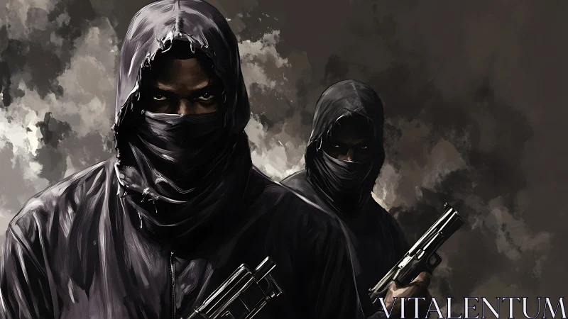 Masked gunmen emerge from stormy shadows in tense standoff.