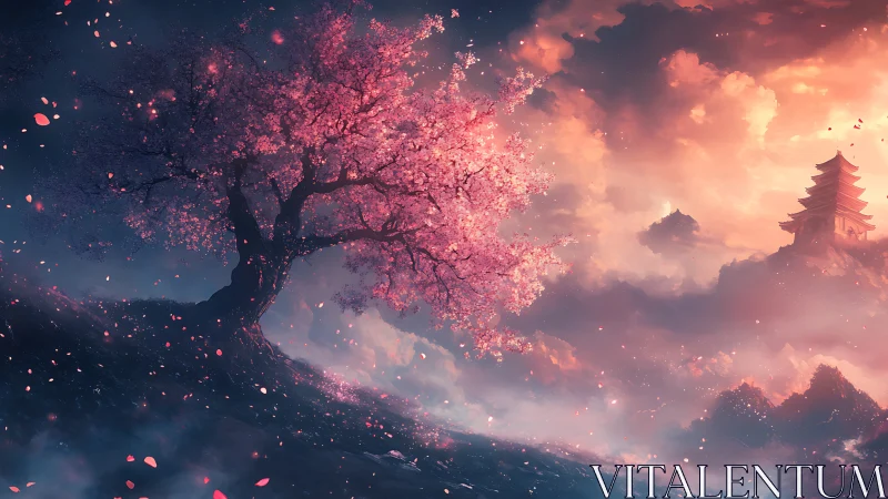 Cherry blossom tree overlooking distant mountain pagoda.