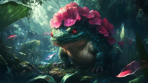 Gentle forest creature crowned with bright pink blossoms.