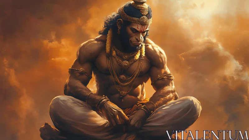 Mythic simian warrior in meditative atmospheric luminance.