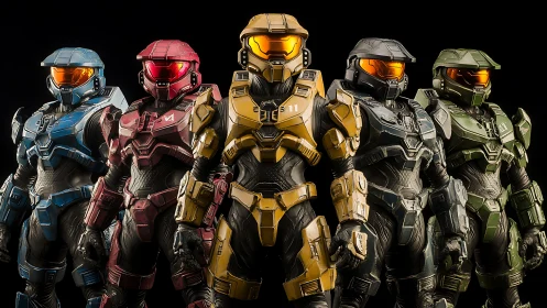 Armored sci fi soldiers in colored combat exosuits lineup.