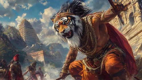 Tiger-headed warrior lunges before monumental temple stronghold
