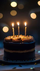 Birthday cake with three lit candles photographed against blurred bokeh background.