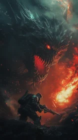Armored infantry versus volcanic draconic titan in infernal void.