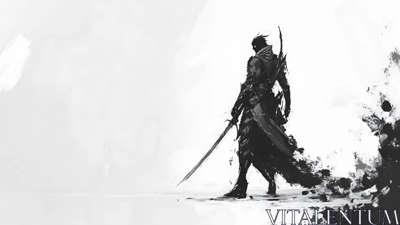 Monochrome ink warrior silhouette with sword in negative space