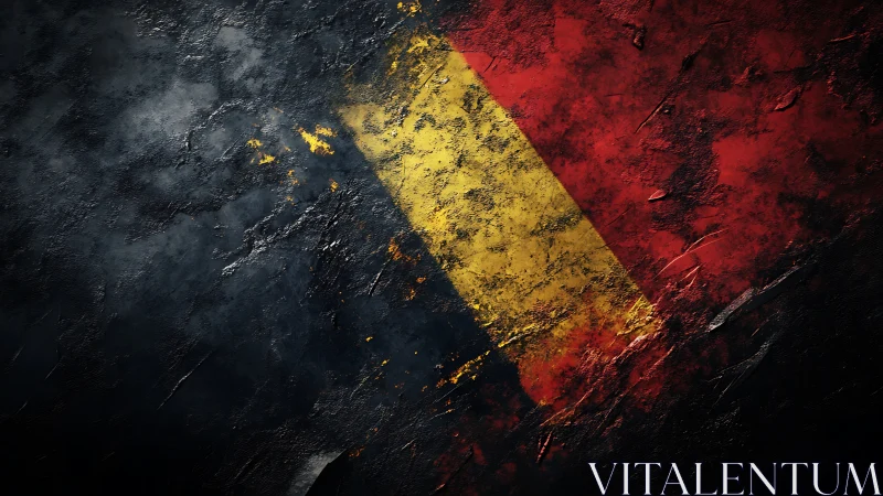 Weathered tricolor flag texture spans a rough dark surface