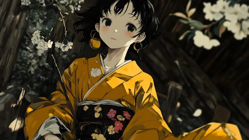 Anime girl in yellow kimono rendered with dramatic chiaroscuro lighting