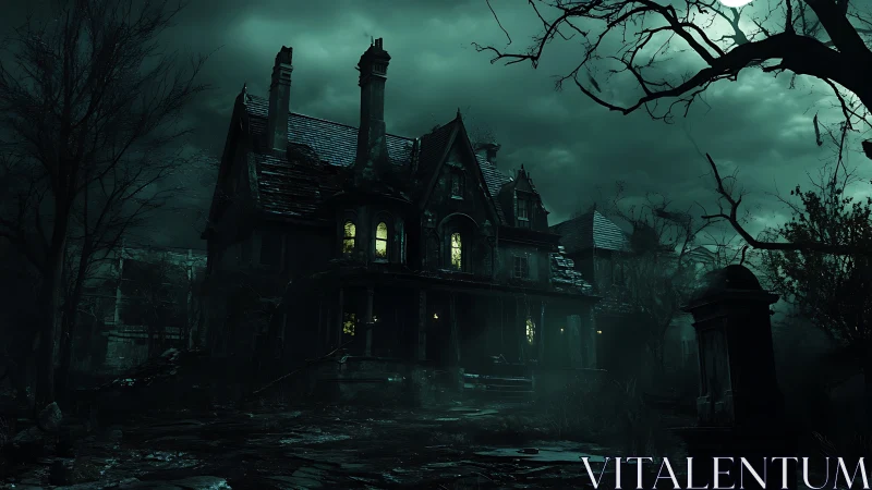 Haunted Victorian mansion looms under eerie green storm clouds