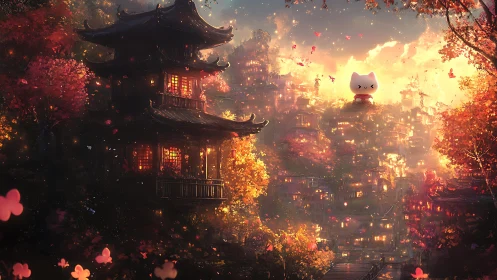 Autumn lantern city beneath glowing cat guardian idol.