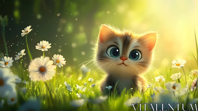 Kitten in Daisy Meadow with Glowing Light Effects.
