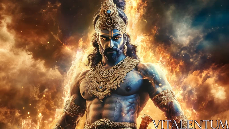 Mythic blue warrior deity amid combustive nebular flames.