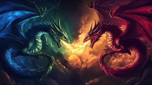 Two opposing dragons emit converging fire streams at center