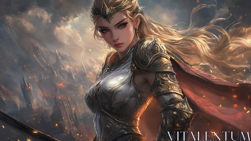 Fierce fantasy warrior princess standing in glowing armor.