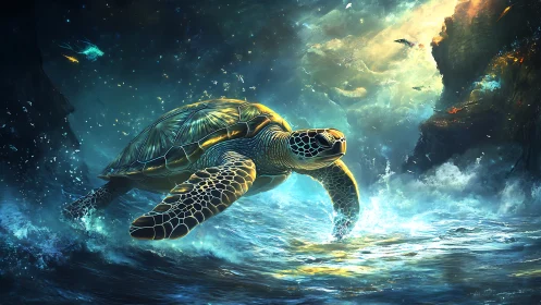 Majestic sea turtle surges through glowing ocean waves
