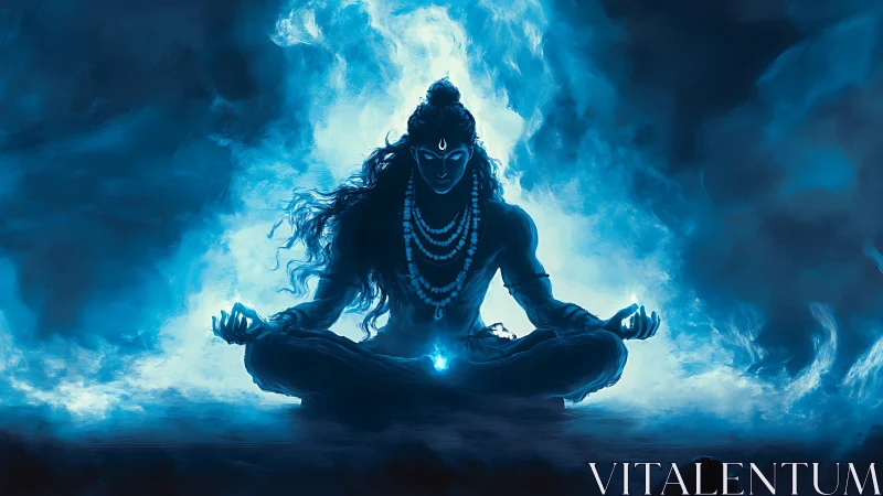 Luminescent yogic deity in turbulent cyan vapor field.