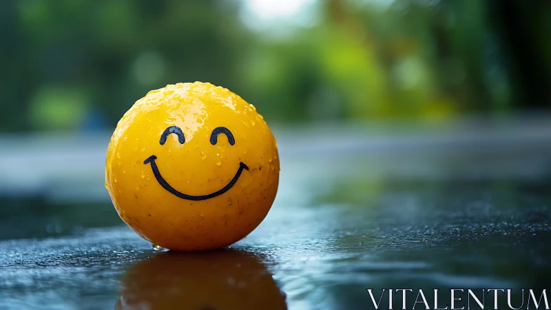 Bright yellow smiley ball rests cheerfully on a rainy day