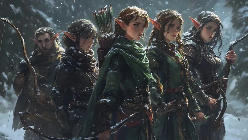 Snowbound elven ranger cadre in cinematic fantasy digital painting.