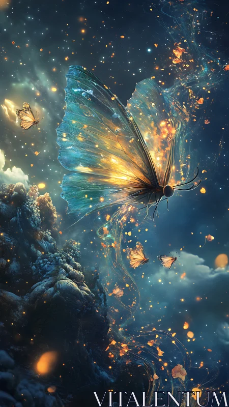 Luminous cosmic butterflies swirling through starlit night.