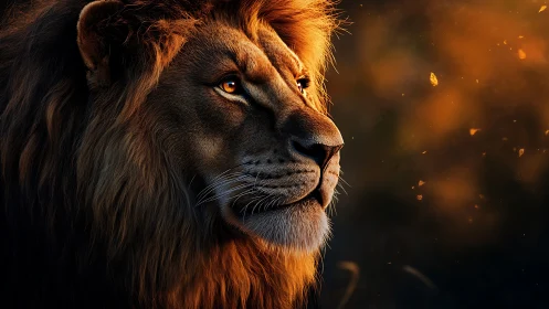 Male lion portrait in warm side light at golden hour.