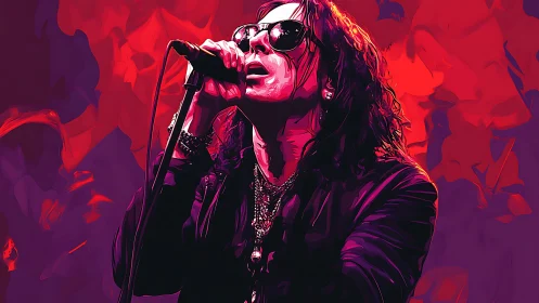 Digital portrait shows singer performing with microphone stand